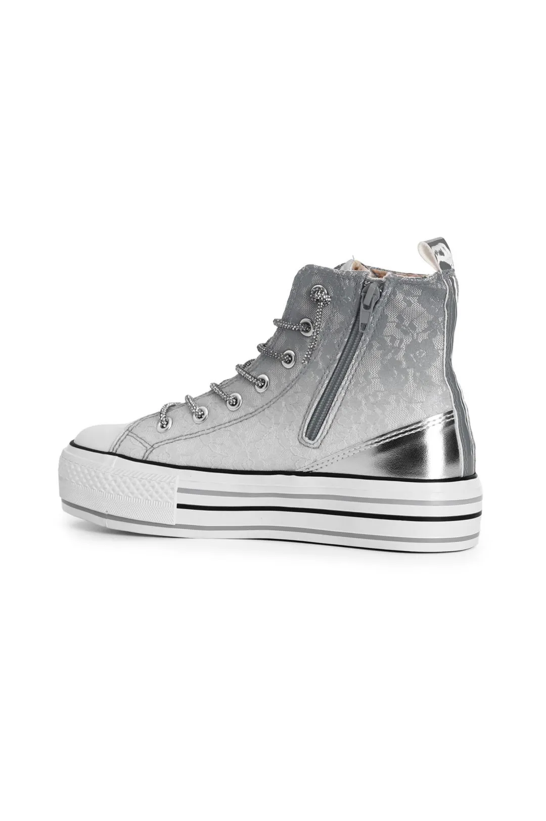 sneakers mid pizzo degradé con lacci strass perla