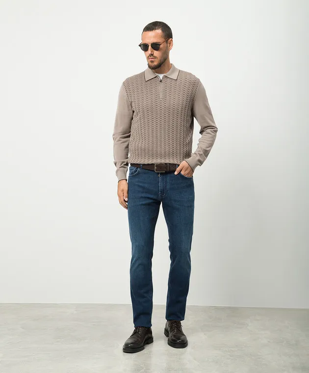 Stefano Ricci Polo marrone in lana e seta con inserto in pelle di coccodrillo KE06008AZ1E24404