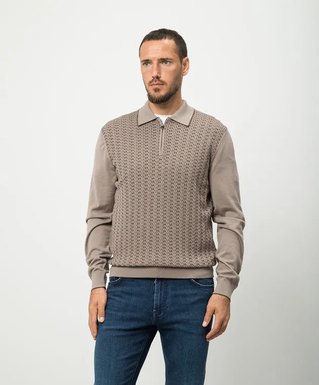 Stefano Ricci Polo marrone in lana e seta con inserto in pelle di coccodrillo KE06008AZ1E24404