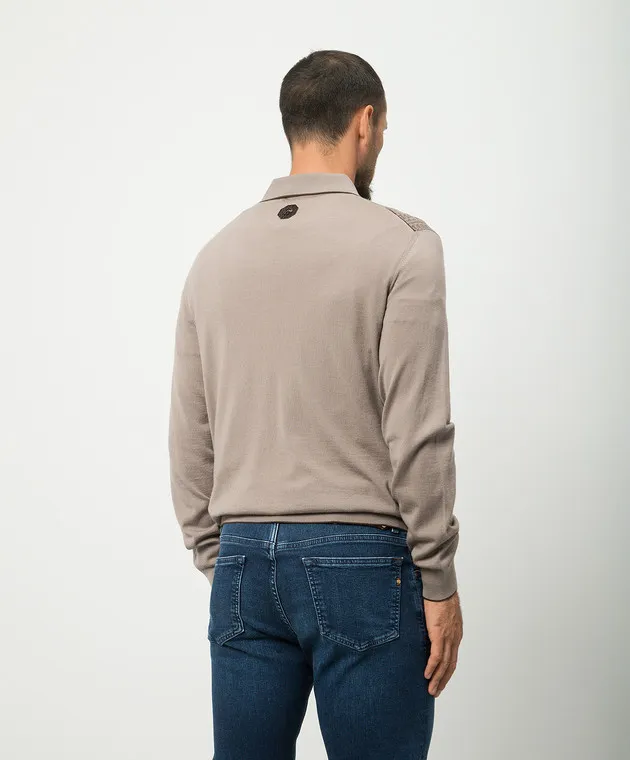 Stefano Ricci Polo marrone in lana e seta con inserto in pelle di coccodrillo KE06008AZ1E24404