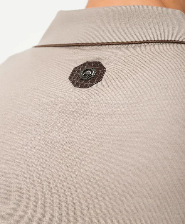 Stefano Ricci Polo marrone in lana e seta con inserto in pelle di coccodrillo KE06008AZ1E24404