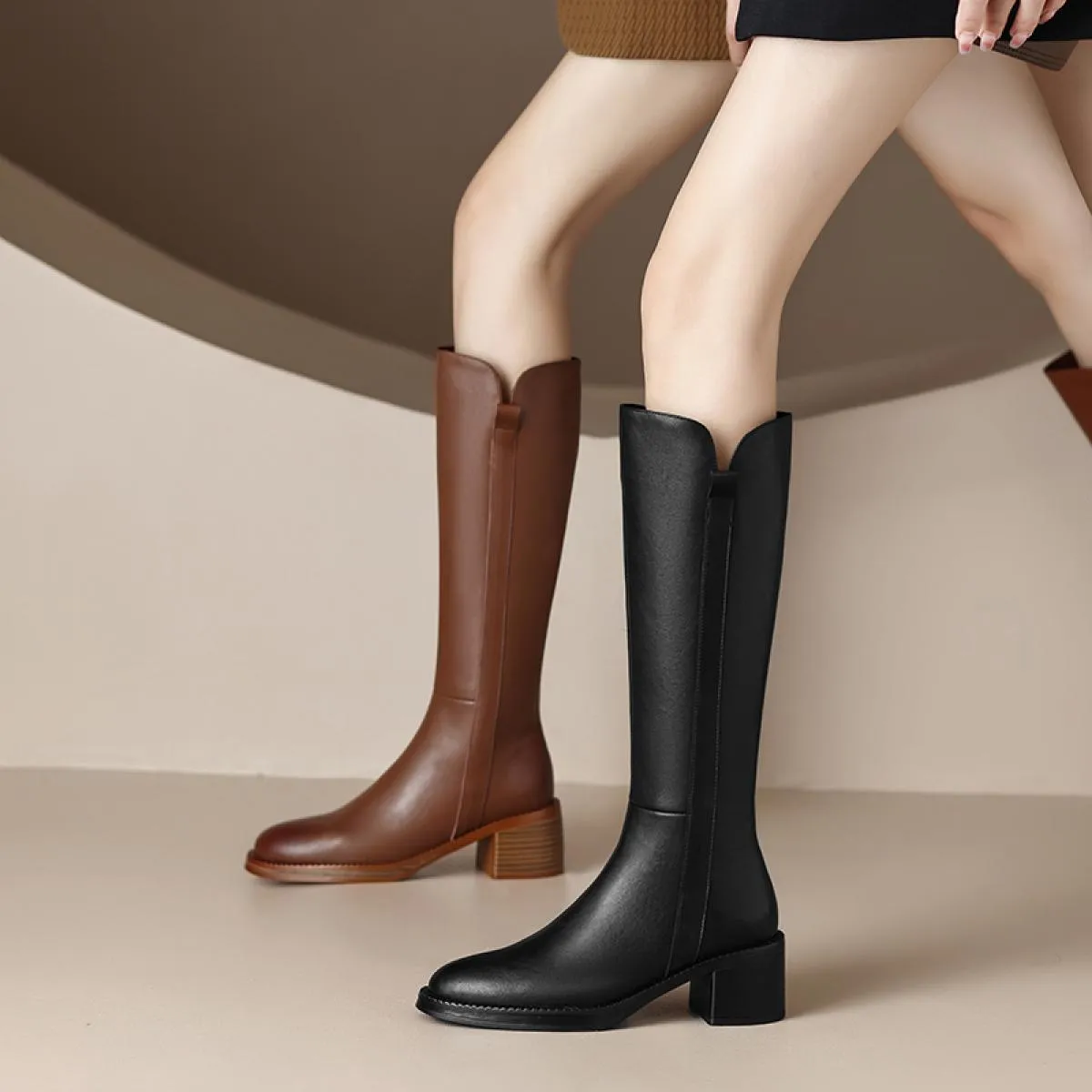 Stivali alti al ginocchio da donna Autunno Inverno Outdoor Casual Tacchi spessi Scarpe in vera pelle Donna Stivali lunghi classi
