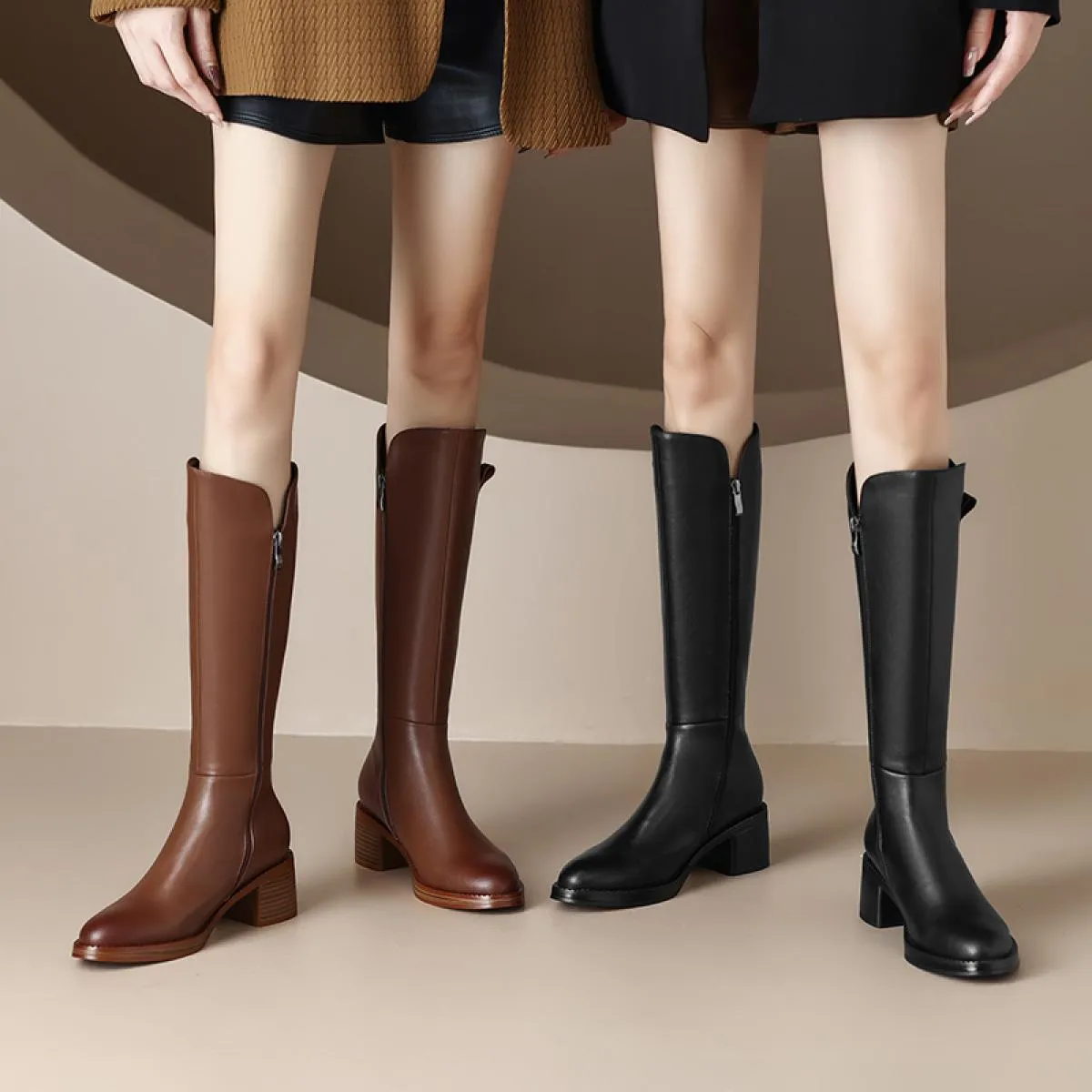 Stivali alti al ginocchio da donna Autunno Inverno Outdoor Casual Tacchi spessi Scarpe in vera pelle Donna Stivali lunghi classi