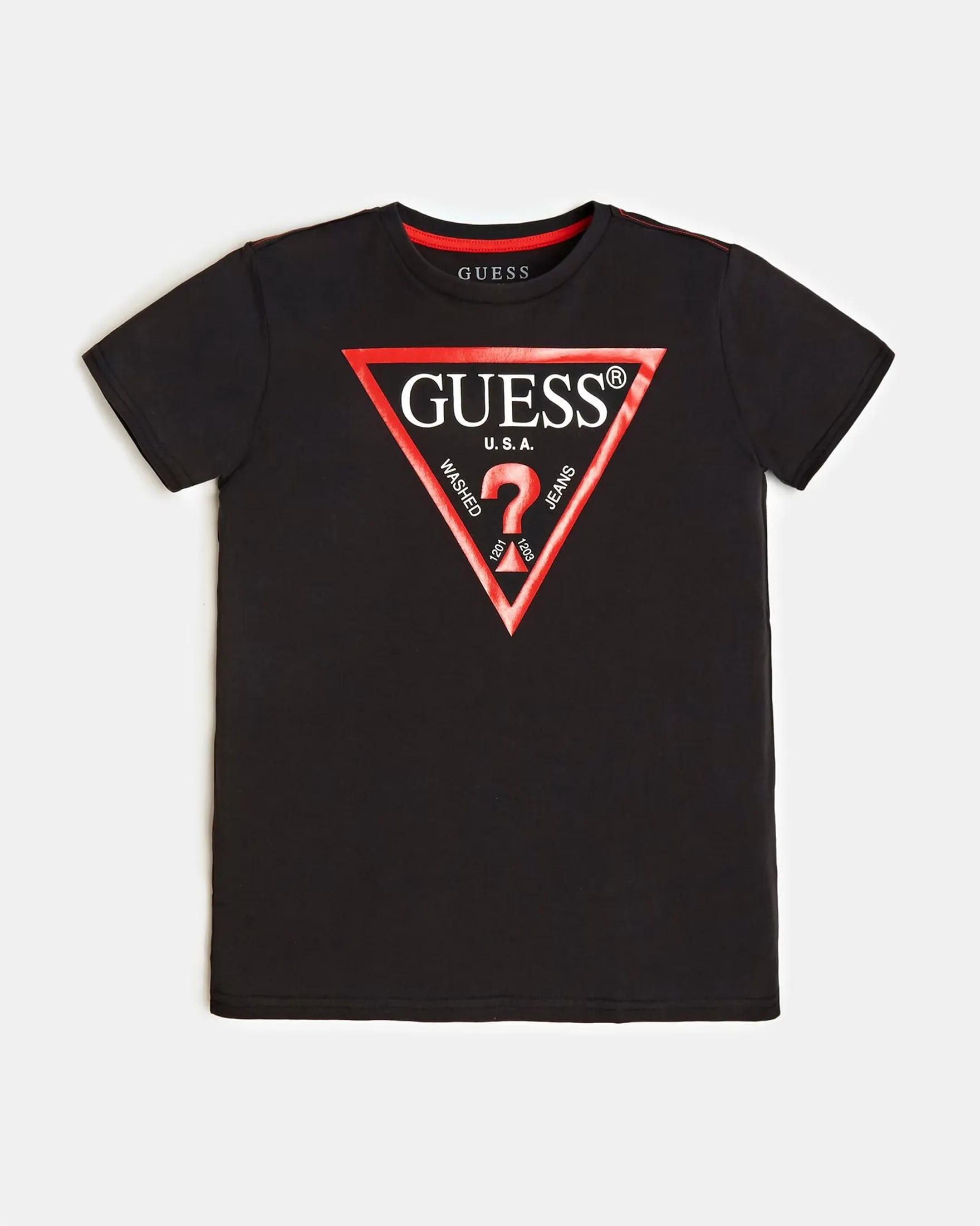 T-shirt nera in puro cotone con stampa maxi logo triangolo rosso frontale 10-16 anni